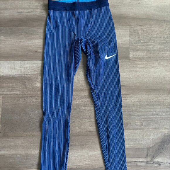 NWOT Nike Pro Elite ‘Made in USA’ Long Blue Striped Running Tights - Picture 1 of 4